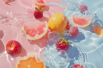 Foto op Plexiglas A dynamic and colorful composition capturing citrus fruit and berries amidst water splashes on a shiny surface. Summer concept. © Zography