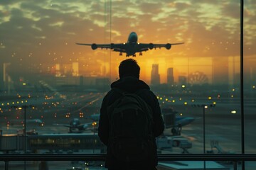 Silhouette Watching Airplane at Sunset - obrazy, fototapety, plakaty