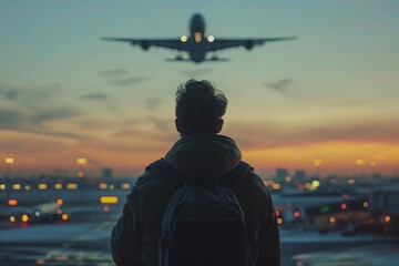 Traveler Watching Airplane Takeoff at Sunset - obrazy, fototapety, plakaty