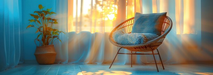 inseparable chair and pillows in the blue bathroom