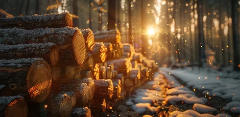  logs stacked with the sun shinning behind them in the forest © olegganko