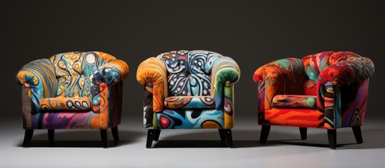 Three brightly colored upholstered chairs are positioned in a row next to each other, creating a vibrant and inviting seating area.