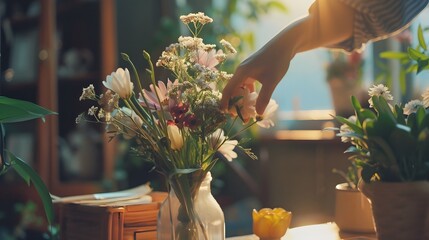 Flower arrangement, close up hand of asian young woman florist making flower in vase, creating bouquet on the table, arranging indoors decor in living room, handmade house interior or decoration.  - Powered by Adobe
