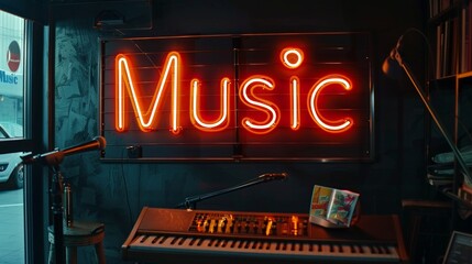 Neon Music Note Sign on Black Wall Generative AI