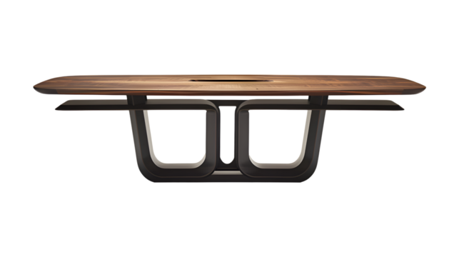  A chic wood and metal table featuring a sleek ultra design, positioned gracefully, transparent background