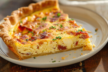 A plate of quiche Lorraine, a savory tart made with eggs, cream, bacon, and cheese