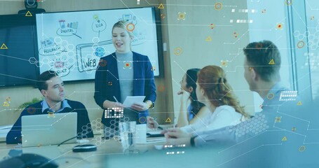 Animation of data processing and shapes over caucasian business people at meeting - Powered by Adobe