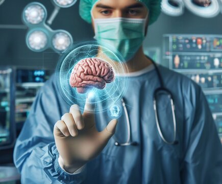 Doctor in operating room and brain system graphic hologram technology generative ai art