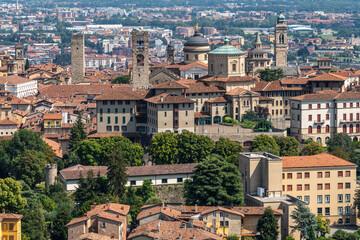 Bergamo old town seen from San Vigilio hill, which offers an amazing view of the upper town (Citta Alta), Lombardy, Italy