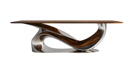modern wood and metal unique table with sleek Design, showcased, transparent background