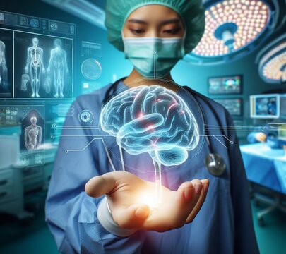 Doctor in operating room and brain system graphic hologram technology generative ai art