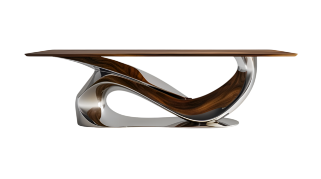 modern wood and metal unique table with sleek Design, showcased, transparent background