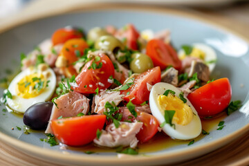 a traditional salad from Nice made with tuna, hard-boiled eggs, tomatoes, olives, and anchovies