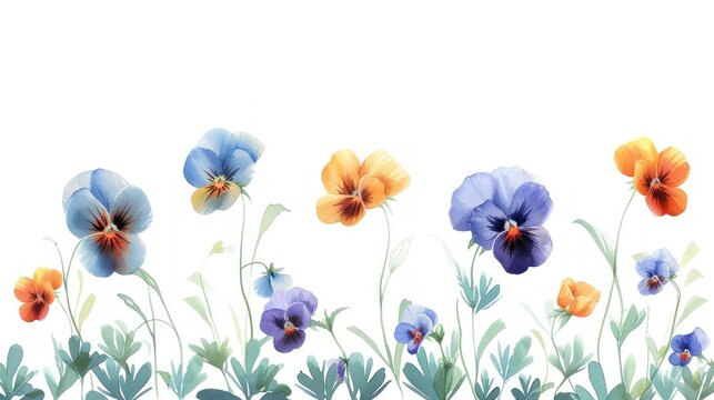 a painting of a bunch of flowers on a white background with a blue and orange flower in the middle of the picture.