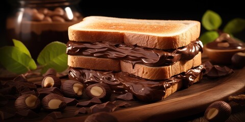 Chocolate Cream Toast , Hazelnut Cream on Toasted Bread, Cocoa Spread Breakfast, Chocolate Sandwich