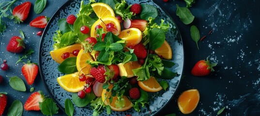 salads and fruits for lunch or dinner on a black background with a blue table