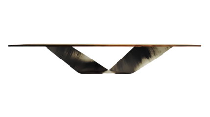 Modern wood  table and metal legs with lines, showcased, transparent background