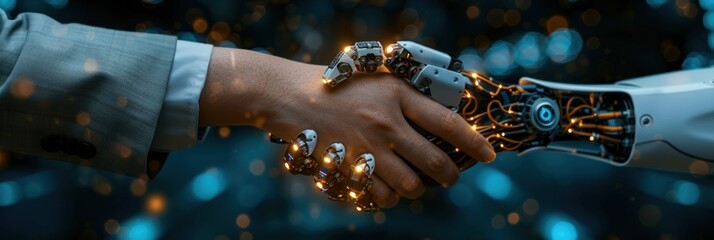 Human and robot hands in a firm handshake - obrazy, fototapety, plakaty