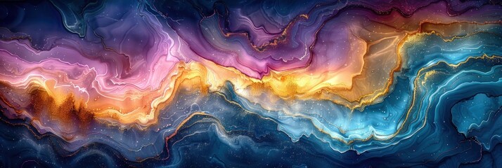 Vibrant abstract painting showcasing a blend of blue, purple, and orange hues - obrazy, fototapety, plakaty