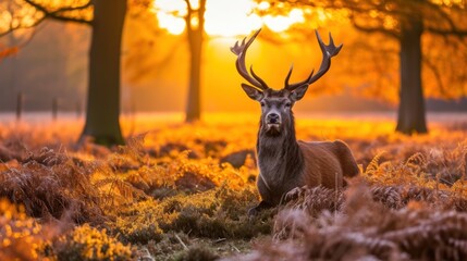 a deer is standing in the middle of a field with tall grass and trees in the background as the sun sets.