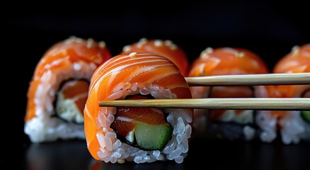 photo of sushi rolls with chopsticks holding salmon