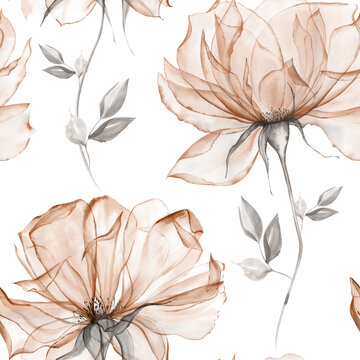 Watercolor boho dusty beige floral seamless pattern for fabric. Watercolor rose pattern repeat floral background for apparel, wallpaper, wrapping paper, home decor in neutral earthy tones