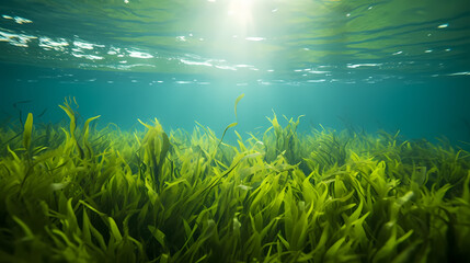 Fototapeta na wymiar Underwater view of a set of sea bottoms with green seaweed