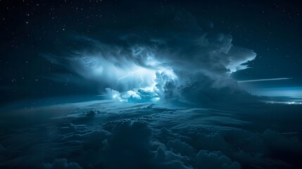 Thunderstorms dark sky seen from space High-altitude light up the night sky, Stormy cyclone swirling, Typhoon, Hurricane, catastrophe lightning, Concept on the theme of weather, natural disasters