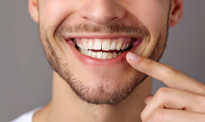 Fototapeta premium close up smile of a young man pointing to healthy white teeth