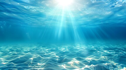 Fototapeta na wymiar Tranquil sea water surface on a sunny day, Underwater sea in sunlight, tropical blue ocean underwater background