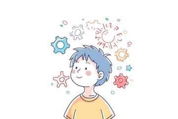 Illustration. child thinks, new thoughts. Ideas. Education. Psychological fatigue. The gears are located above the head. invent
