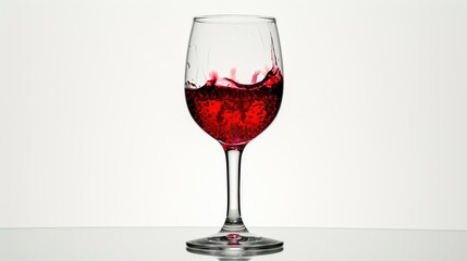 a close up of a wine glass with a liquid inside of it on a table with a white wall in the background.