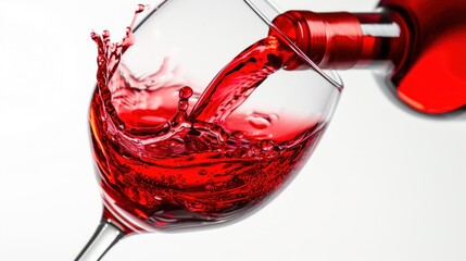 a glass of red wine being poured into a wine glass with a red wine bottle in the middle of the glass.