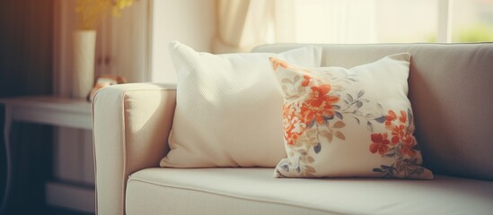 A white couch in a living room with a light vintage tone filter, adorned with a flowered pillow.