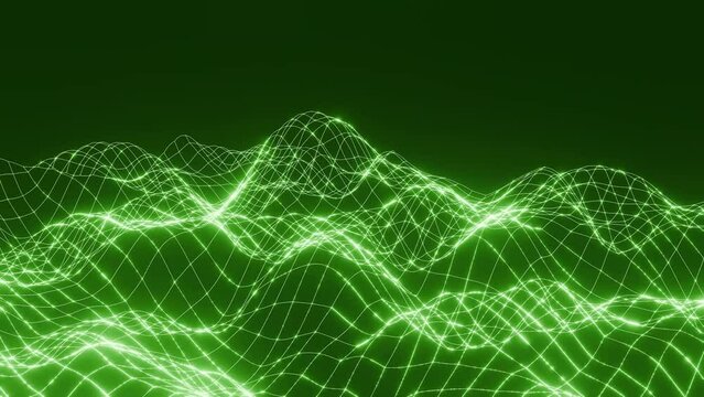 Abstract green background with grid of lines, waves and sparks geometric animation motion graphics. Vibrant neon glowing colors. Technology, science digital futuristic concept. 4k 3d rendered video.