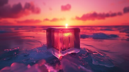 an ice block floating on top of a body of water with the sun setting in the sky in the background.