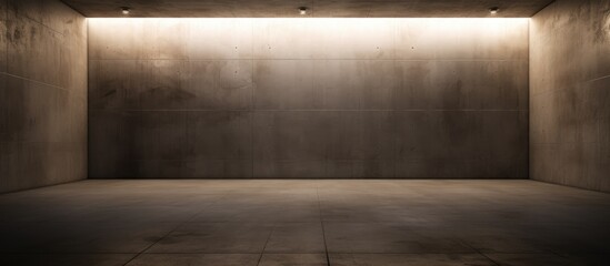 An empty, dark abstract brown concrete room is illuminated by a bright light emanating from the ceiling, casting shadows on the smooth interior.