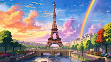 Obraz premium A vibrant illustration of Paris in cartoon style. Rainbow and pink clouds over Paris. View of Tower from the Seine River 