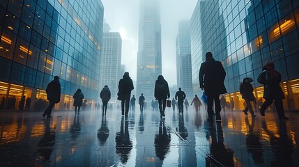 Silhouette of business people walking in the city at foggy day
