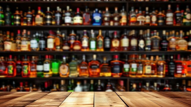 a wooden table in front of a wall full of bottles of different types of liquor in a bar or restaurant.