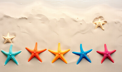 Fototapeta na wymiar Colorful starfish is scattered across the sandy beach, in the style of minimalist backgrounds. Summer concept
