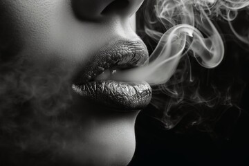 Sexy female lips blowing smoke from a cigarette.
