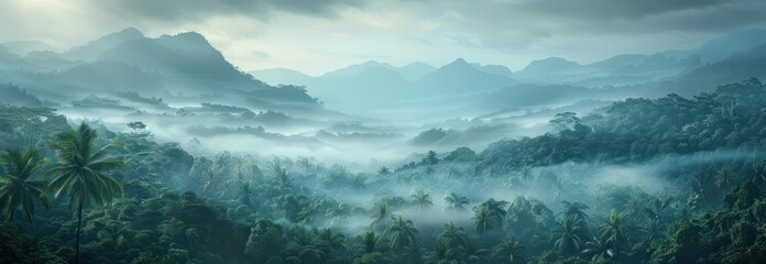 the tropical forest scene has lots of clouds and jungle - obrazy, fototapety, plakaty