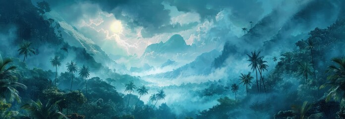 the tropical forest scene has lots of clouds and jungle
