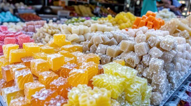 a close up of many different types of candies in a display case with people in the background looking at them.