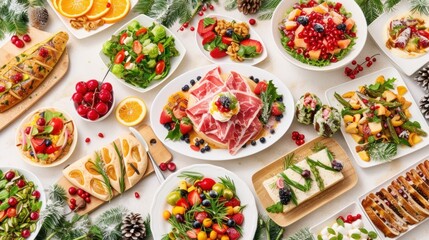 a white table topped with lots of plates filled with different types of food and veggies on top of it.