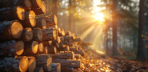the sun is shining down on the logs being stacked in a wood