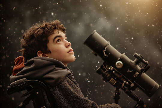 A portrait of a teenage boy in a wheelchair, with a look of curiosity on his face and a telescope by his side