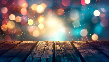 Wooden table wallpaper with blurred colorful lights background