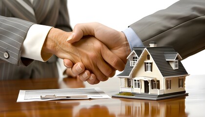 Close-up of two businessmen's hands closing the deal for purchasing a house. Real estate concept, home rental and buying